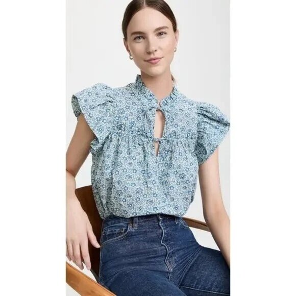 Sea New York Tops - NWOT Sea NY Ida Print Floral Print Ruffle Flutter Sleeve Top SMALL Blue